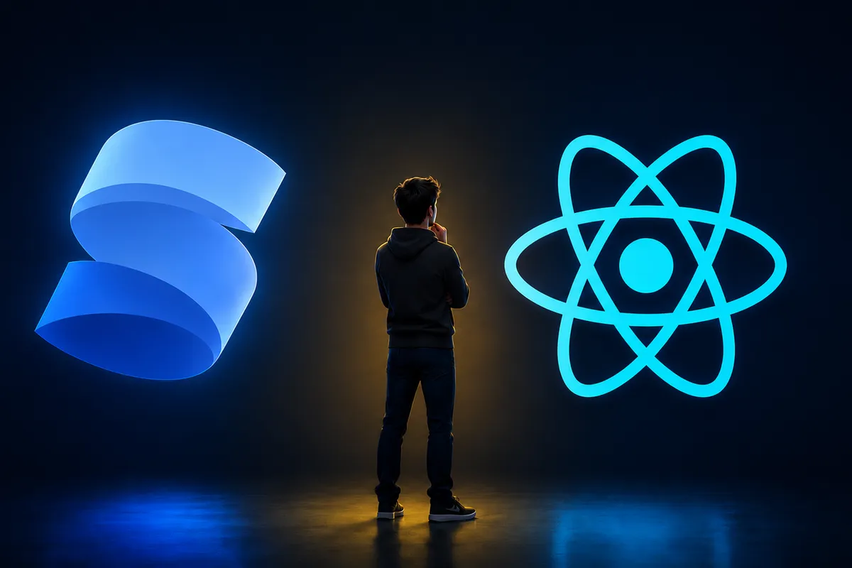 SolidJs and React logos side by side with a person looking thoughtfully at them