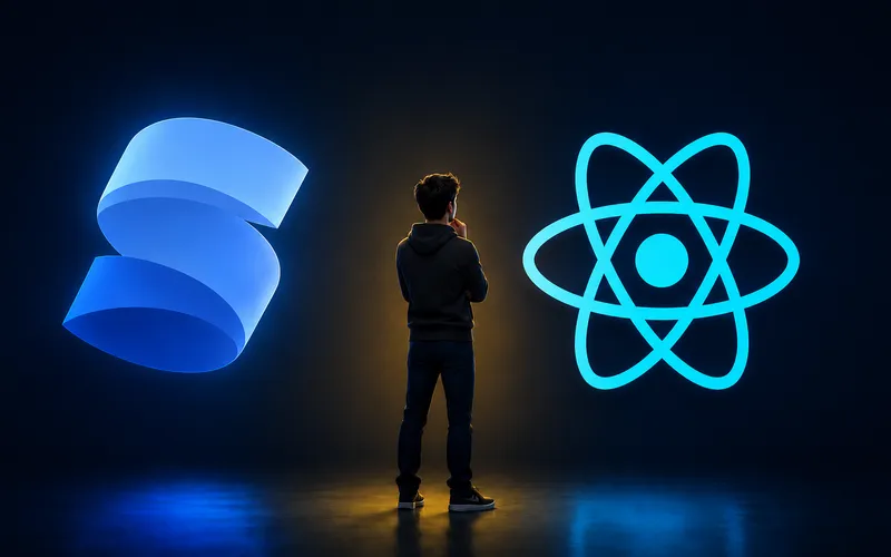 SolidJs and React logos side by side with a person looking thoughtfully at them