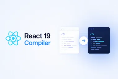 A retro 1950s-style illustration in mid-century modern design featuring the words React Compiler with React icons, geometric shapes & flat colors.