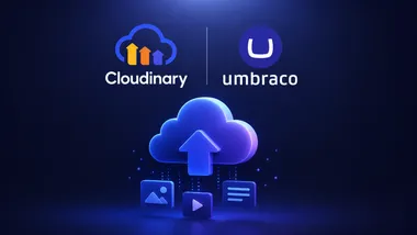 Cloudinary and Umbraco logos side by side on a dark background with a cloud upload illustration